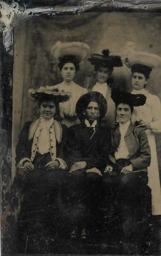 Vintage Old Turn Of The Century Tintype Family Photo,  Everyone With A Hat
