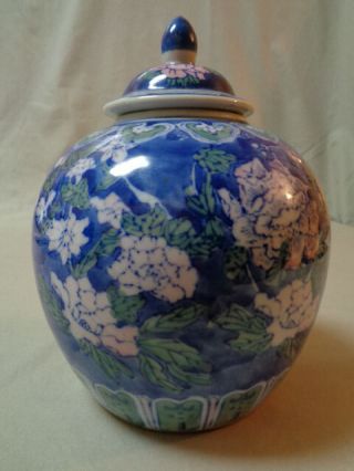 Chinese Ceramic Earthenware Ginger Jar Lidded Urn Floral Blue,  8 1/2 " Tall