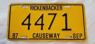 1987 Miami Florida Rickenbacker Causeway Key Vehicle Vtg License Plate 4471