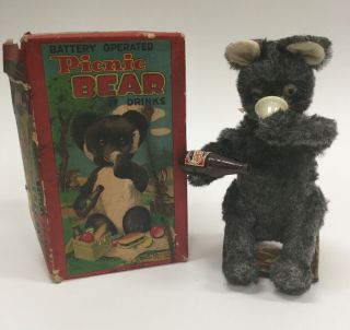 Vintage Alps Japan Battery Operated Picnic Drinking Bear W/ Box