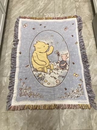 Vtg Disney Classic Winnie The Pooh Piglet Woven Tapestry Throw Blanket 46” X 35”
