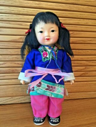 Vintage Composition Asian/chinese Girl Doll 8 1/2 " Silk Outfit Yellow Hat