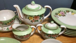 20 Piece Vintage Children’s Tea Set Hand Painted Thin Porcelain Japan Green Whit