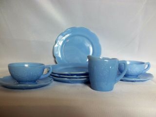9 Pc.  Opaque Blue Milk Glass Vintage Child’s Tea Set