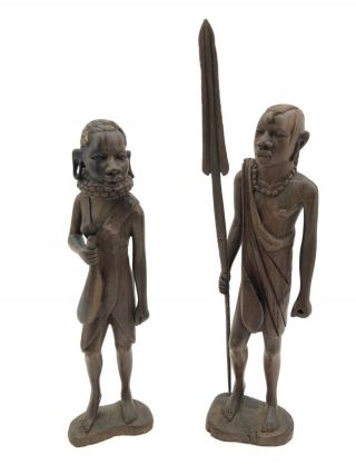 2 African Hand Carved Dark Wood Tribal Figures Warrior Man & Woman