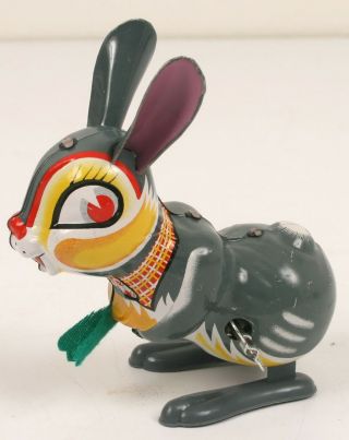 Vintage Tin Litho Mechanical Jumping Rabbit Wind Up Toy W Box -