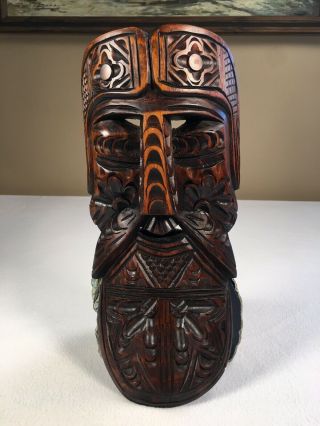 Handmade Wooden Mask Hand Carved 12 " Tall Smiling Bearded Man Viking Or Mexico