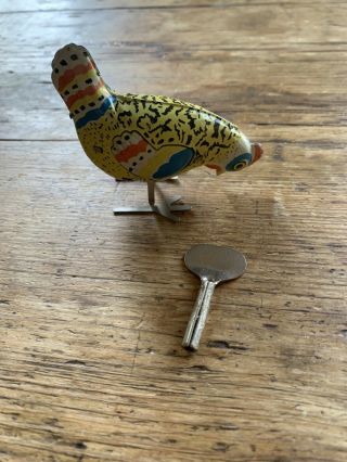 Vintage Tin Litho Chicken Wind - Up Toy With Key Pecking Chicken Made In Germany?