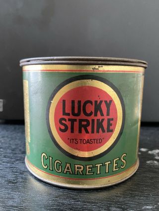 Vintage Lucky Strike Cigarettes Tin Litho Round Can Tobacco 3 1/4 " X 4 "
