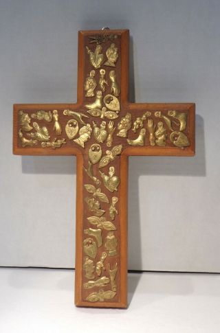 Vintage 7 " X 10 " Mexican Folk Art Wooden Milagro Cross W/ Tin Charms