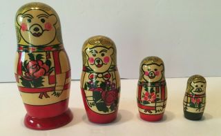 Vintage Handpainted Russian Wood Wooden Pig Nesting Doll Set