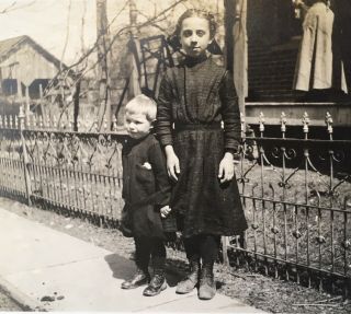 1912 Vtg Photo School Girl Sister Poses Young Brother Along Iron Gate