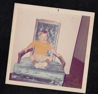 Vintage Photograph Cute Little Boy Sitting In Blue Velvet Chair In Living Room