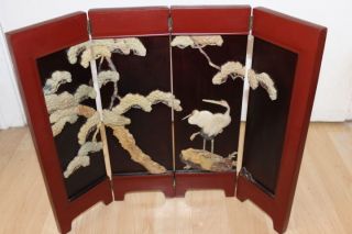 Antique Chinese 4 Panel Wood Table Screen With Cranes Coral Plume And Scenery