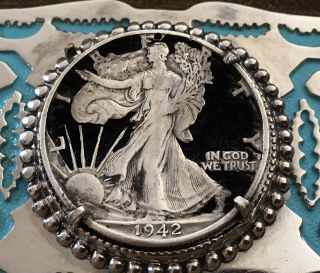 Vintage Cut Out 1942 Walking Liberty Usa Half Dollar Silver Coin Belt Buckle