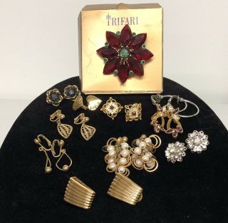 Ten Vintage Clip On Earrings Trifari,  Sarah Coventry,  Avon,  Poinsettia Pin