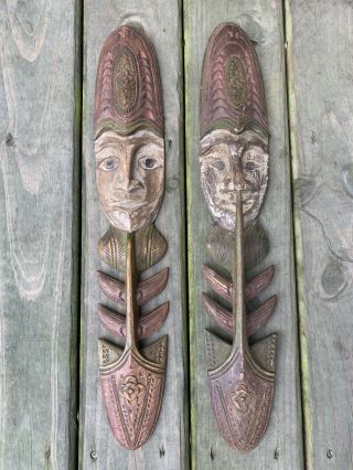 Vintage Tiki Carved Wood Face Wall Hanging Decor 1 Pair