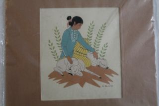 Silkscreen Print By Navajo Artist Harrison Begay Indian Art Print Woman & Sheep