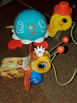 Vintage 1962 Fisher Price Pull Along Turtle & Buzzy Bee.