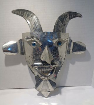 Large Vintage 15 " X 15 " Mexican Tin Mask With Turquoise Glass Eyes