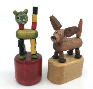 Push Puppet Cat And Dog Pair Wooden 1950s Collapsible Thumb Press Action German
