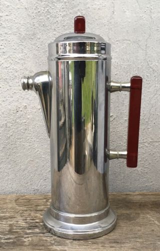 Vtg Art Deco Chrome & Stainless Cocktail Shaker Red Bakelite Handle And Knob