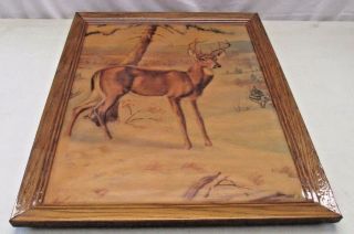 Vintage 1974 Michael Sabarich Buck Deer Picture Wall Hanging Shellac Wooden Wood