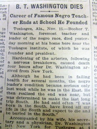 1915 Newspaper W Long Report Of The Death Of Negr0 Leader Booker T Washington