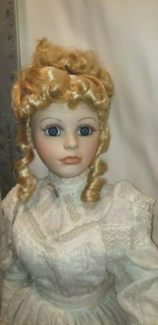 Vintage 27 In Porcelain Doll Caucasion Victorian White Dress 34