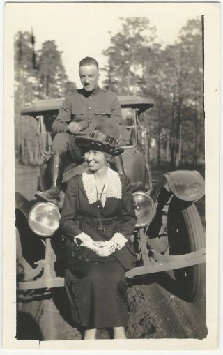 1920s Happy Young Woman And American Soldier With Car Snapshot
