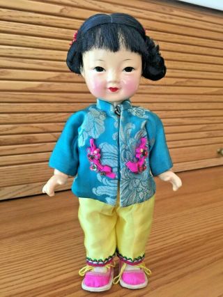 Vintage Composition Chinese/asian Girl Doll 8 1/2 " Silk Outfit Pink/yellow/blue