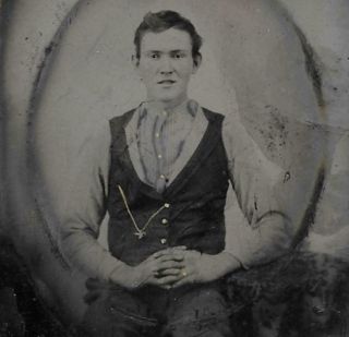 Tintype Photo T229 Young Man Posing W/ Tinted Buttons,  Ring & Pocket Chain