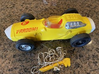 Vintage 1963 Mattel V - Rroom Vroom Yellow 7 Race Car Whip Car With Handle
