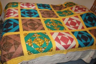 Vintage Quilt Hand Made Yellow Outline Multi Colors Patchwork 72 " X 88 " Fast Shp