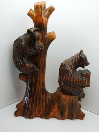 Vintage Ukrainian Hand Carved Wooden Bear Climbing On Tree Figurine 10.  5 " Tall