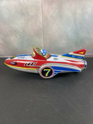 Vintage Tin Friction Powered Mf 742 Rocket Racer Tin Metal Toy Speed Racer Man