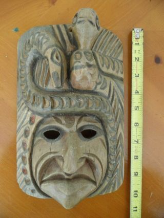 Vintage Tribal Handmade Hand Carved Wooden Wall Mask W/ Serpent