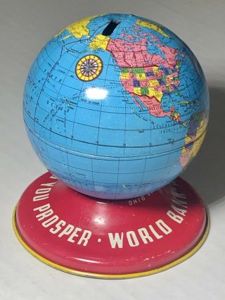 Vintage 1950s Ohio Art Co.  Tin Litho World Globe Coin Bank (3”) Toy V Good