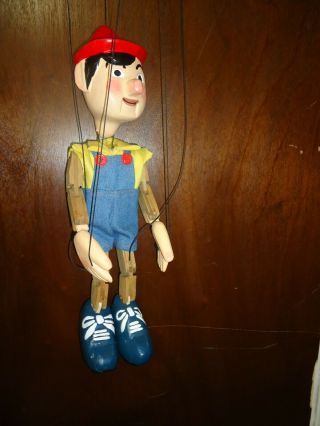 Vintage Pinocchio Style Wooden Marionette Puppet Hand Carved & Painted 15.  5 " Tal