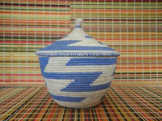 Hand - Woven Basket With Lid Made In East Africa.  Colors:blue & Ivory.
