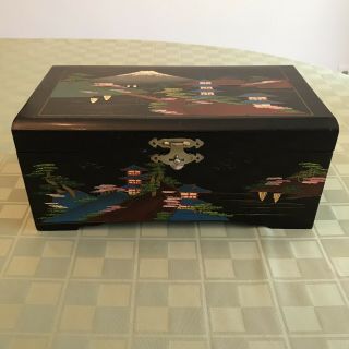 Japan Asian Black Lacquer Jewelry Box Hand Painted 10.  5 X 6 X 4.  5 Mirror Vintage