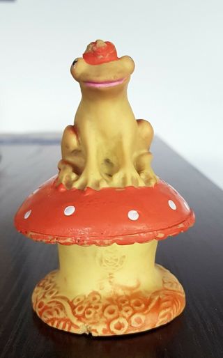1970 Vintage Romanian Rubber Squeaky Toy Aradeanca - Frog On Mushroom