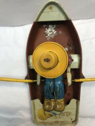 Vintage Tin Windup Toy Fisherman In Row Boat 3