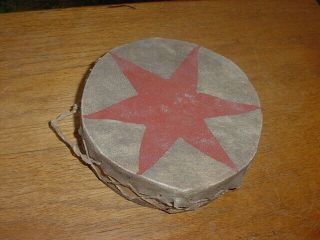 Small Old Native American Indian Eskimo Painted Hide Drum With Red Star