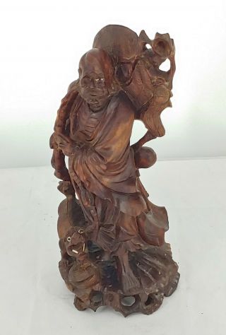 Vintage Asian Chinese Wood Hand Carved Wise Old Man Figure With Dog 13 " Tall