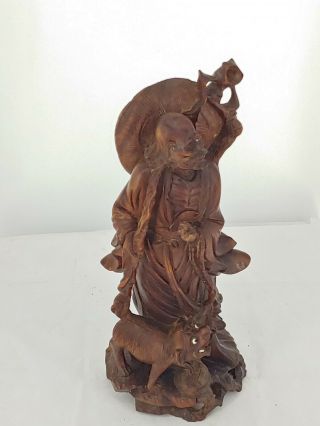 Vintage Asian Chinese Wood Hand Carved Wise Old Man Figure with Dog 13 