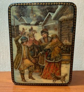 Russian Lacquer Box Harmony Micheev Signed By Artist Decoupage Hand Made Painted