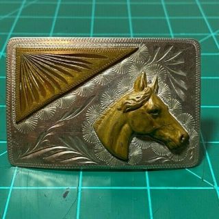 Vintage Equestrian Bar J Denver Co German Silver Brass Western Belt Buckle Horse