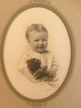 Matted Board Cabinet Card Photo Very Cute Child Holds Jointed Teddy Bear Toy