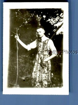 Found Vintage Photo C,  3914 Man In Apron Posed By Trees